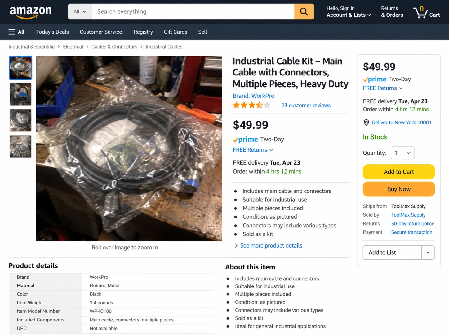 Entire fictional Amazon-style listing featuring a poorly photographed industrial cable kit